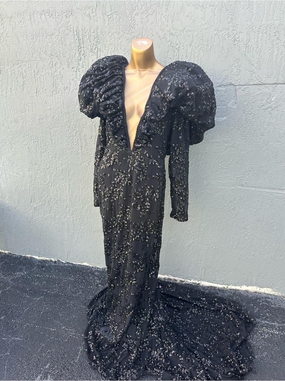 Black Sequin Evening Gown S Puff Sleeves Deep V Illusion Long Train Formal